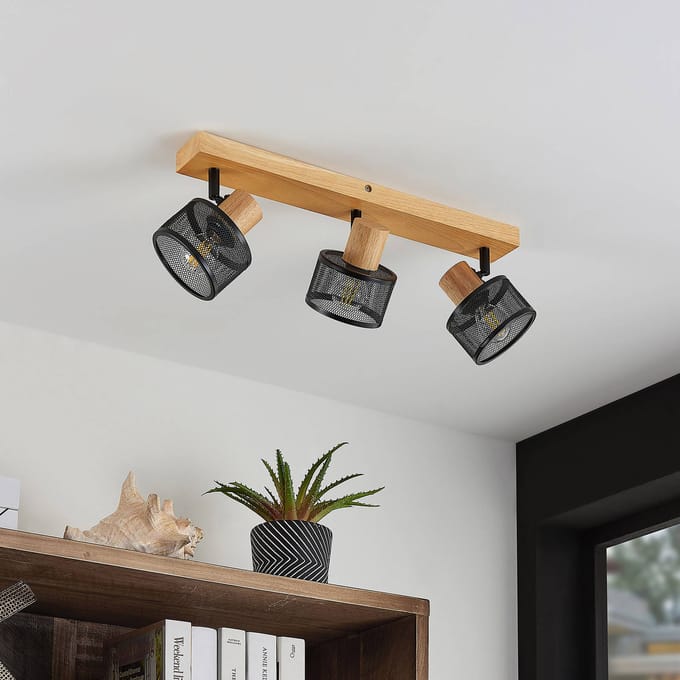 Lindby - buitenspot - 3lichts - staal, hout - H: 14 cm - E14 - zwart, licht hout