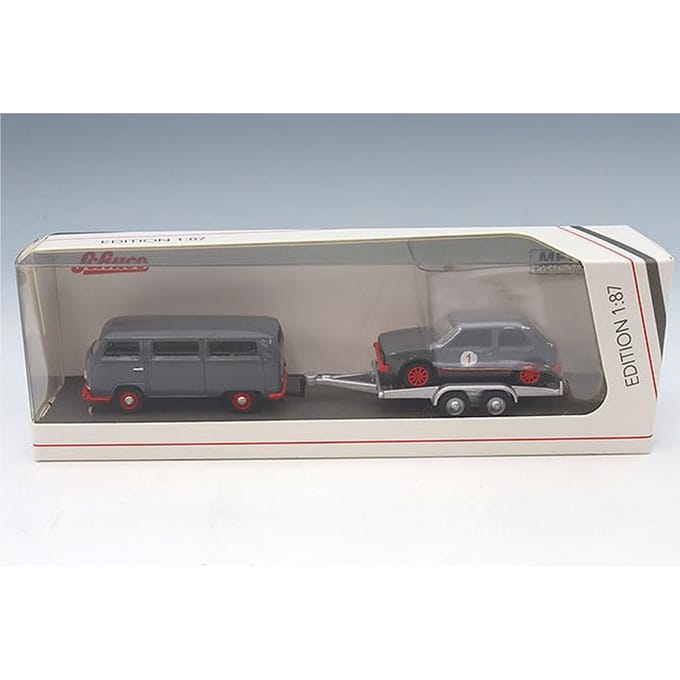 Schuco 1/87 Volkswagen T2 Bus met Trailer & Volkswagen Golf I GTI gray