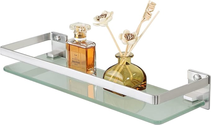 Wandplank van gehard glas voor de badkamer, 38 cm met RVS railing, 7 mm dik, moderne wandmontage