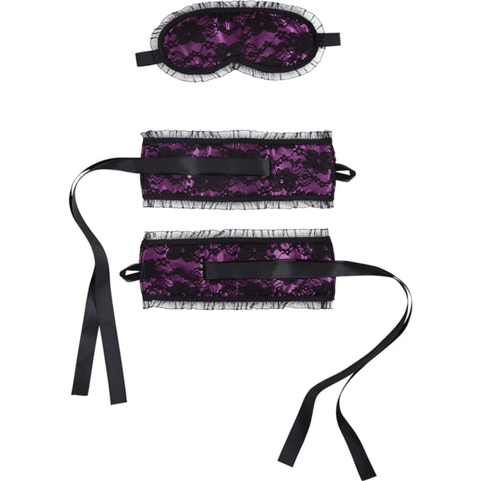 Rimba - Burlesque Handboeien En Masker Van Satijn En Kant - Paars/Zwart