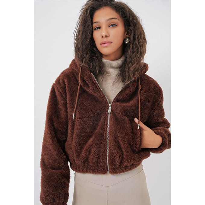 Korte Pluche Zip-Front Hoodie