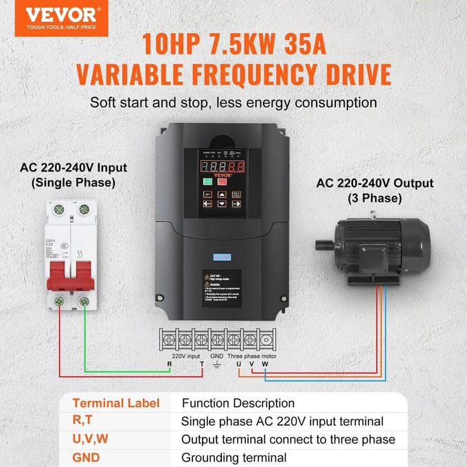 10 CV, 7,5 kW, 35 A 220 V Entrée Monophasée ou Triphasée vers Sortie Triphasée VFD 0-400 Hz