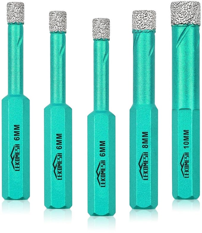 Diamond Drill Bit Crown, LEKOMESH Tile Drill Bit Set, 5 Pieces, 6/6/6/8/10 mm, Hex Shank, Porcelain Tiles, Drill Bit for Ceramic, Marble, Granite, Stone, Quartz, Vacuum Brazed