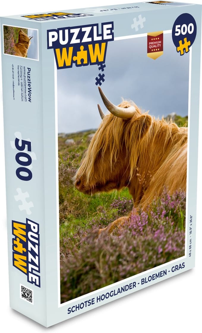 Puzzel Schotse hooglander - Bloemen - Gras - Legpuzzel - Puzzel 500 stukjes