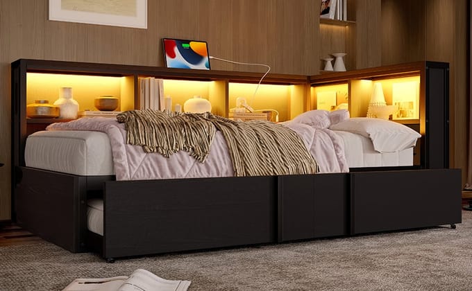 MODFU – Bedbank met Uitschuifbed – 90x200 cm – 5 Opbergkasten & USB – LED – Metaal – Zwart
