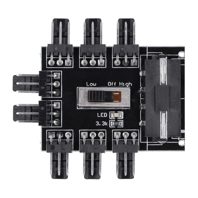 Computerventilatorhub splitter met 8-voudige snelheidsregelaar, 3-pins verlengkabel en grote 4-pins interface. black