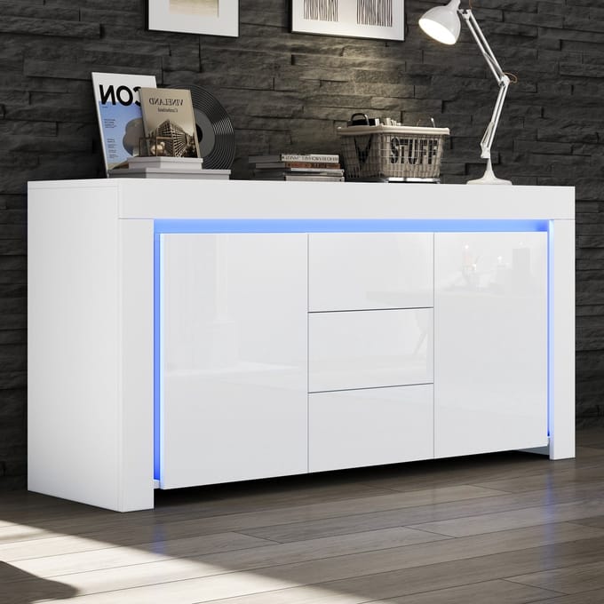 Sweiko Dressoir - 3 lades - 140*40*65 cm - Hoogglans - LED-verlichting - Wit