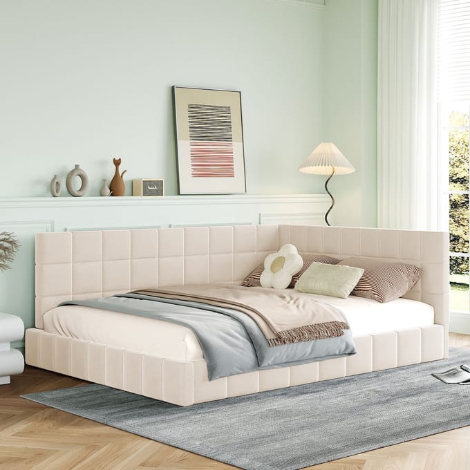 REDOM Bedframe 140x200 cm – Fluweel beige – Mid-century modern – Multifunctioneel met lattenbodem