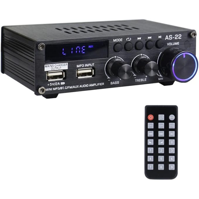 AS-22 12Volt compacte audio-eindversterker Draagbare geluidsversterker Luidsprekerversterker voor in de auto en US Plug black