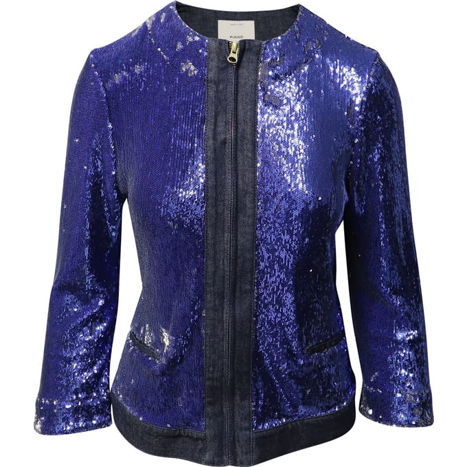 Pinko Tag Pailletten Versierde Jas in Blauwe Denim