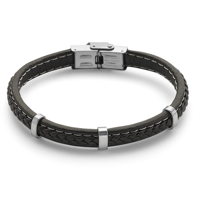 Twice As Nice Armband in edelstaal, zwart leer Zwart 21cm