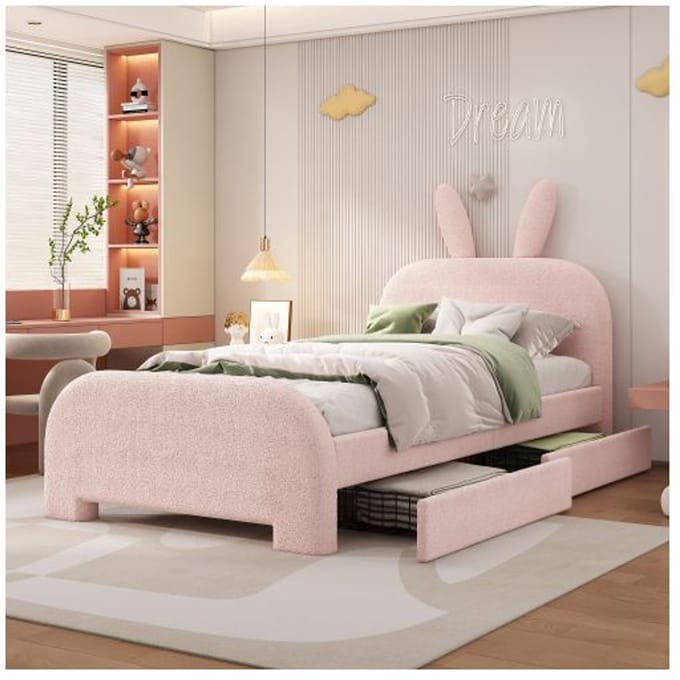 Lit enfant - MUVOE - 90x200cm - Laine d'agneau - Tiroirs de rangement - Design lapin rose