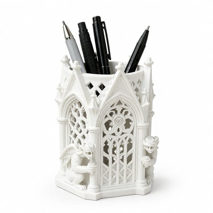 Markerhouder - wit PLA - 3D-geprinte gotische kerk - bureauopberger en decoratie