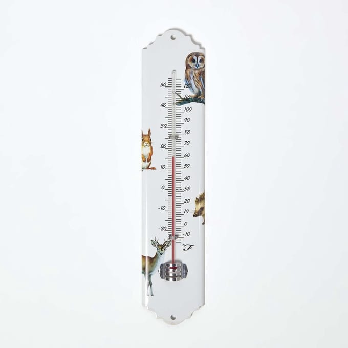 Homescapes binnen- en buitenthermometer wit met bosdiermotief