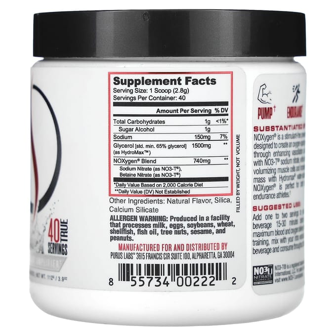 Purus Labs, Noxygen Pre-Workout Accelerator, Zonder smaak, 3,9 oz (112 gr)