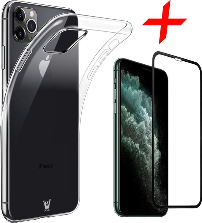Hoesje geschikt voor iPhone 11 Pro - 2x Screen Protector FullGuard - Back Cover Case Transparant & Screenprotector