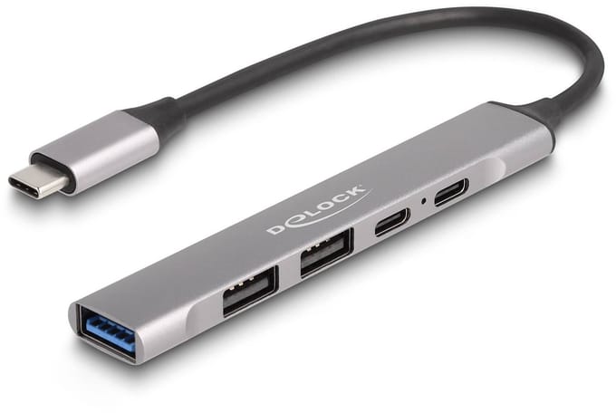 Delock 4 Port Slim USB Type-C™ Hub with 1 x USB 10 Gbps Type-A + 2 x USB 2.0 Type-A + 1 x USB 2.0 USB Type-C™ and PD 95 W
