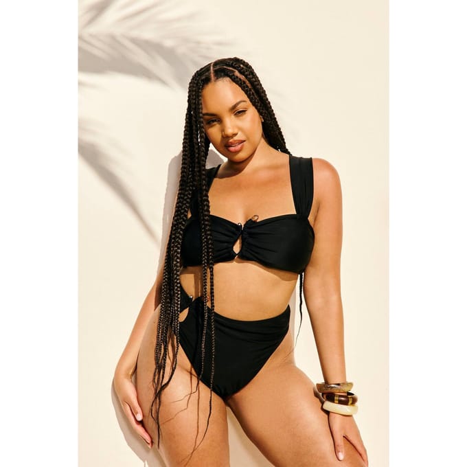 boohoo Dames Plus Bead Trim High Waisted Bikini Set | Zwart | Maat: 56