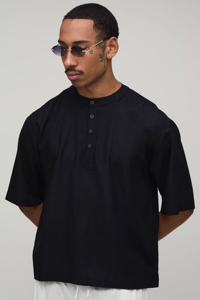 Oversized Boxy Linnen Blend Henley Shirt Met Korte Mouwen | Black | Size Small