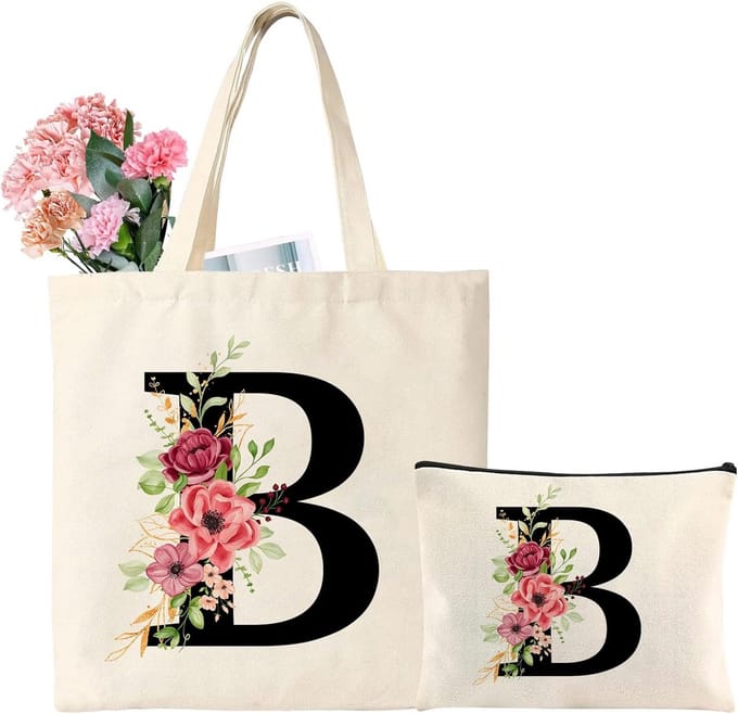 Gepersonaliseerde Canvas Boodschappentas met Initialen en Bloemen - Herbruikbare Linnen Tas