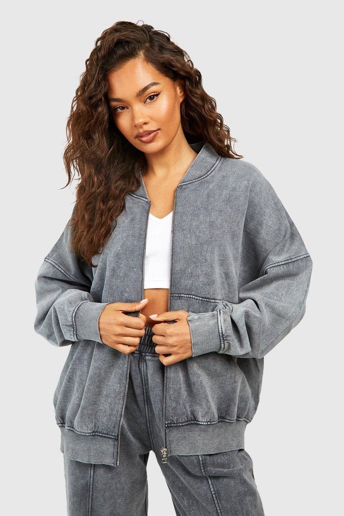 boohoo Dames Gewassen Zip-Through Bomber Straight Leg Trainingspak | Houtskool | Maat: Medium