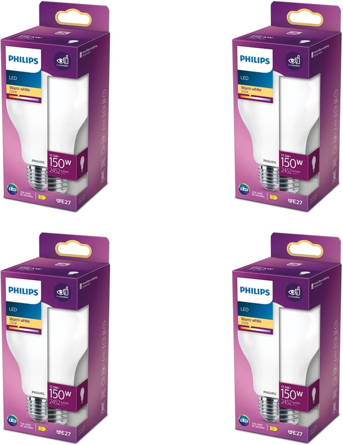 Philips Voordeelverpakking - E27 - LED Standaard lamp - Mat - 150W - Niet Dimbaar - Warmwit Licht - Set van 4 Stuks