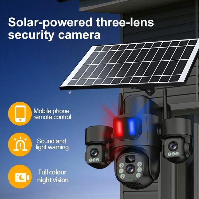 Caméra de sécurité solaire 3 objectifs rotation 360 étanche pour extérieur sans angles morts gray
