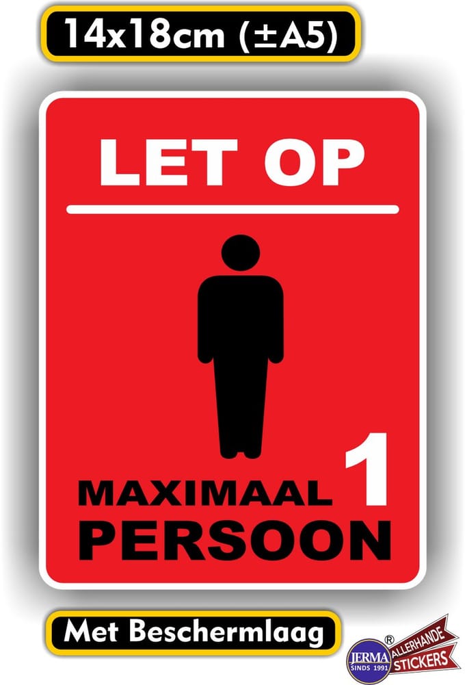 Jerma - Sticker - Maximaal 1 persoon in deze ruimte – 14 x 18 cm - Vinyl - Zelfklevend - Krasbestendig