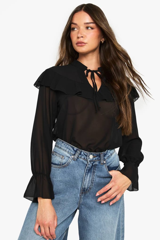 boohoo Dames Ruffle Blouse | Black | Maat: 6