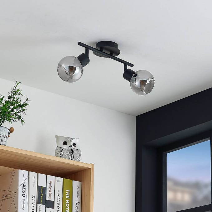 Lindby - buitenspot - 2lichts - Staal, rookglas - H: 21 cm - E14 - zwart, smoke