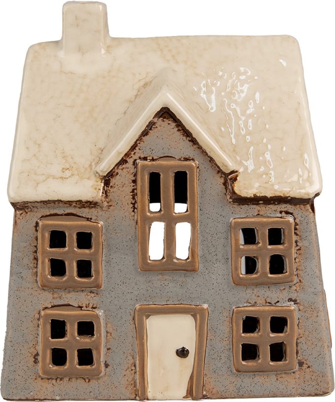 Clayre & Eef Waxinelichthouder Huis 15x10x17 cm Grijs Beige Keramiek