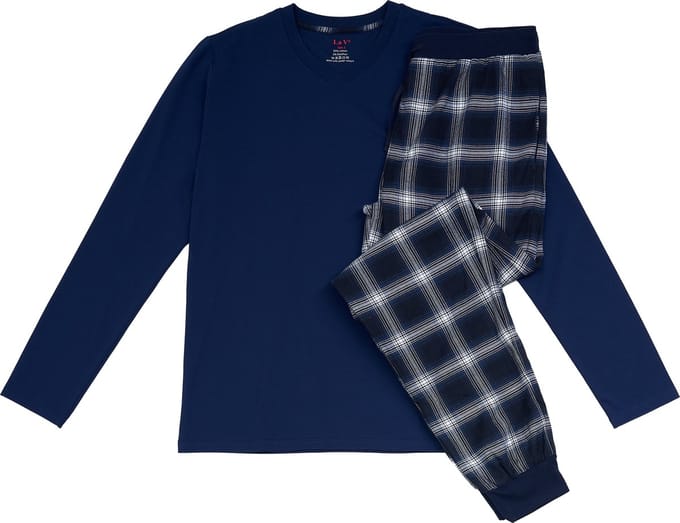 La V pyjamaset voor heren met flanel joggingbroek Donkerblauw M