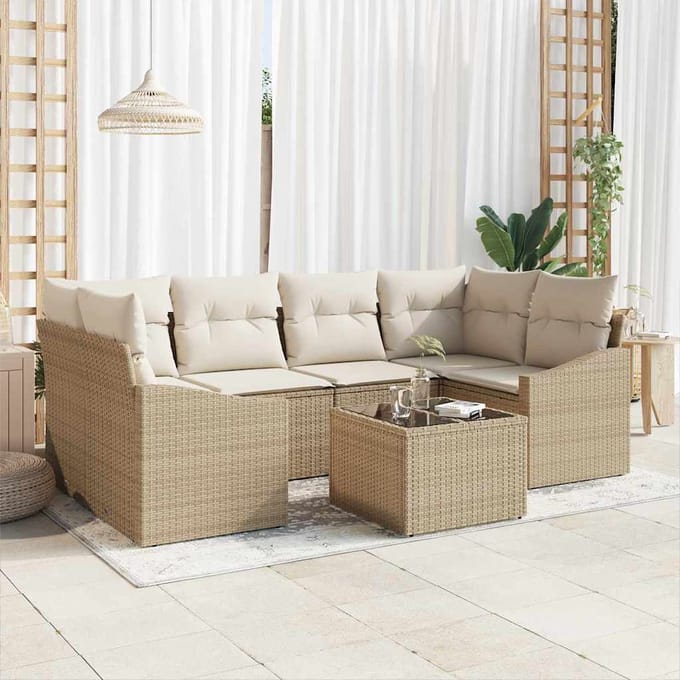 vidaXL - Bankstel - 7 - st - Beige - en - Crème - 234 - x - 123,5 - x - 85 - cm - poly - rattan