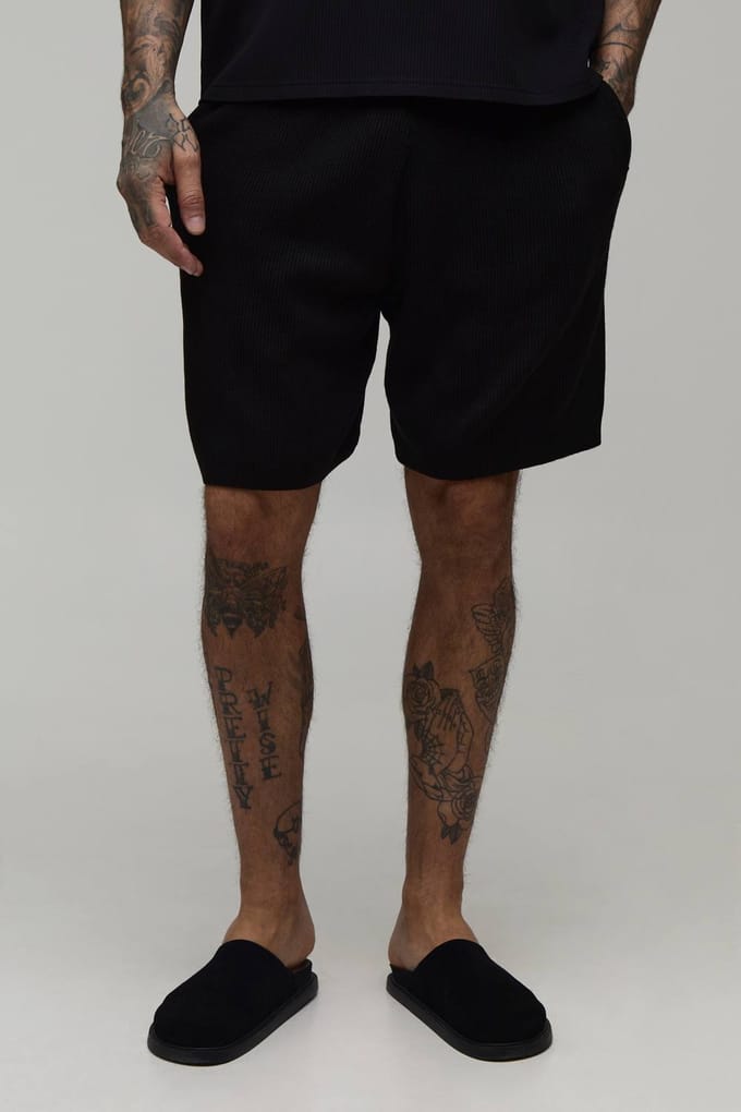 Lange Relaxed Geribbelde Gebreide Short | Black | Size Medium