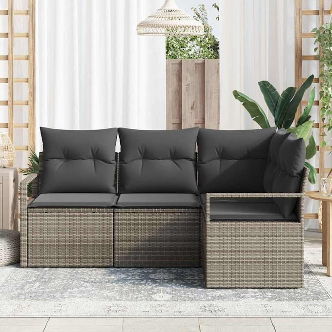vidaXL Bankstel met kussen met opslag 4 pcs Grijs poly rattan
