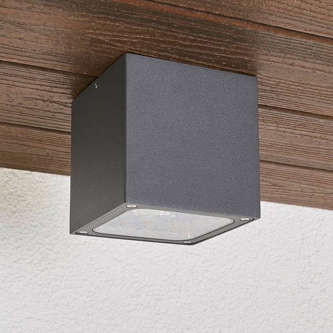 Lucande LED plafondlamp Tanea, 12x12 cm, donkergrijs, IP54