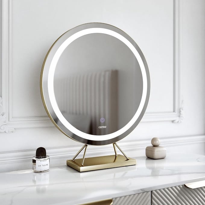 Verlichte Make-up Spiegel - Kaptafel Spiegel - Schoonheidsroutine - Aanraaksensor Dimbare LED - 58.5 x 50 cm - Goud