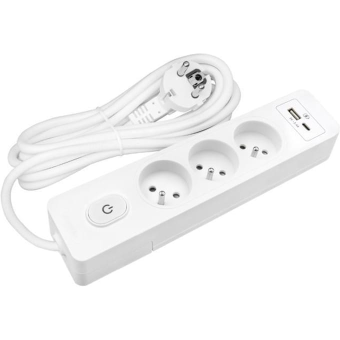 Stekkerdoos SELDUR G3FU22B, 3 stopcontacten type E + schakelaar, USB A+C standaard opladen 12W, Wit, kabel 2m wit