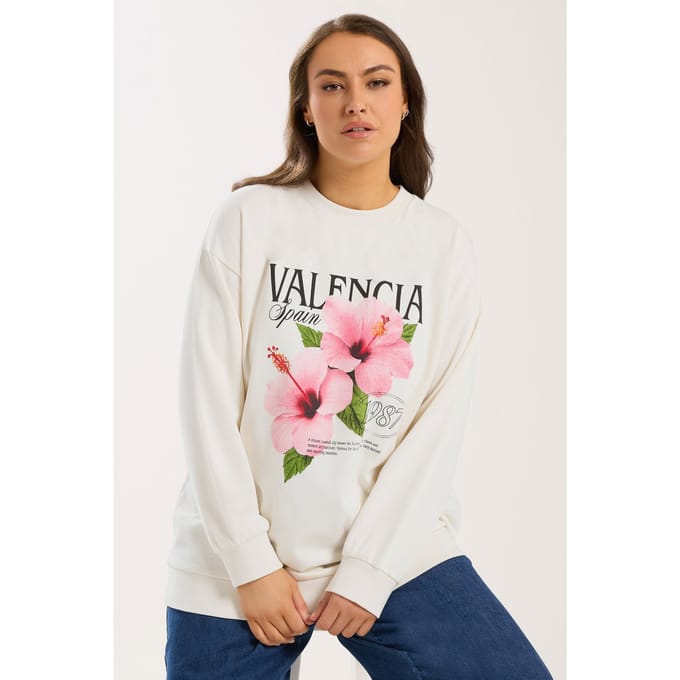 Yours Crèmekleurig 'Valencia' Sweatshirt Met Bloemenprint Size 44