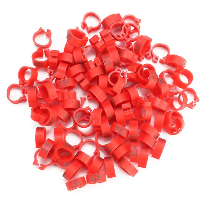 Lot de 100 bagues en plastique numérotées de 8 mm, 001 à 100, pour pattes de pigeon(rouge) rouge