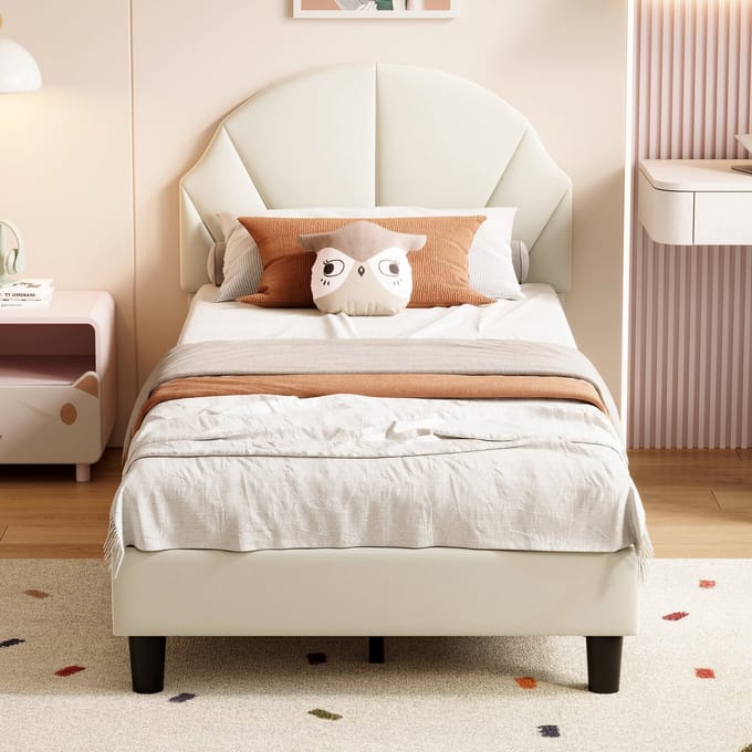 Fluwelen Kinderbed 90x200 – Verstelbaar Hoofdbord – Beige