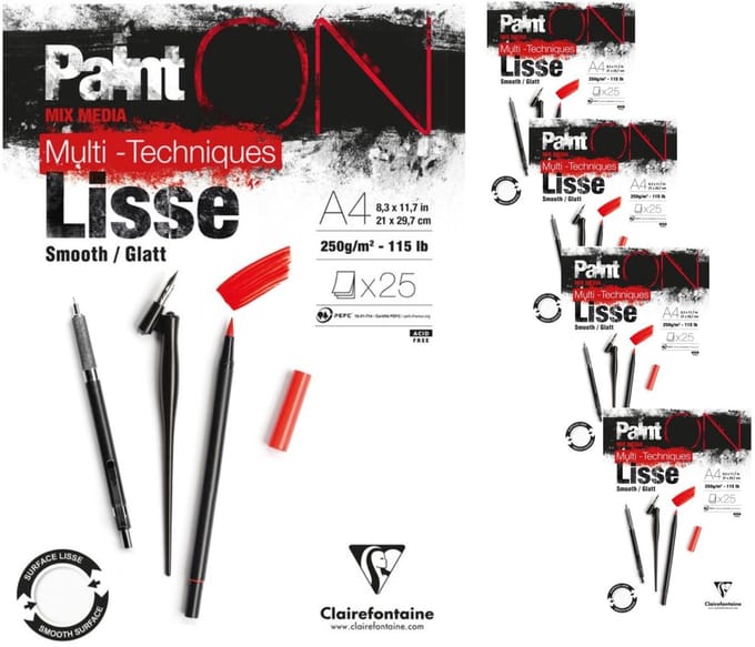 Clairefontaine - Paint ON - Multi-Techniek Pad - Tekenpapier - Schilderpapier -Glad - A4 - 250 g - 25 vel - 4 pack