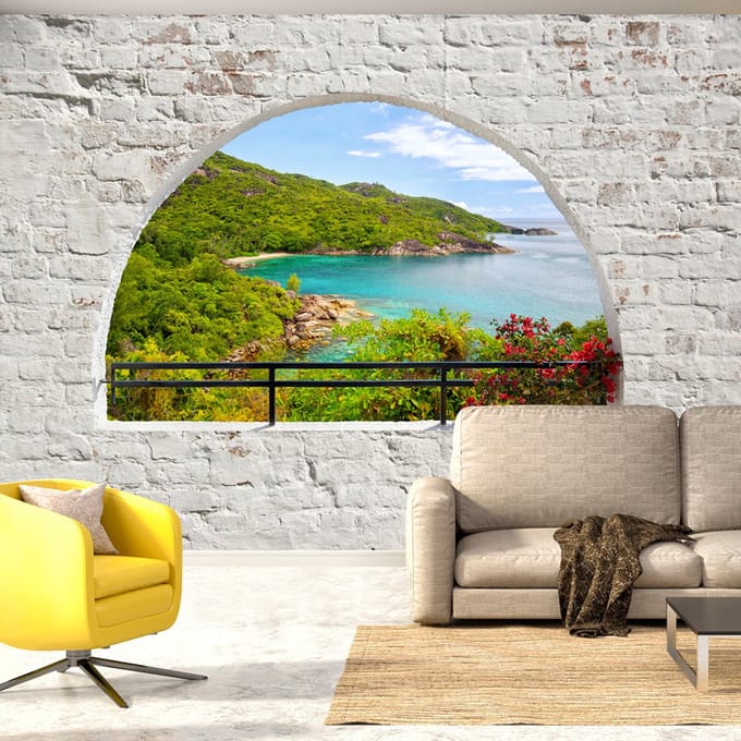 294cm X 210cm - Zelfklevend fotobehang -  Uitzicht op een eiland  , Premium Print