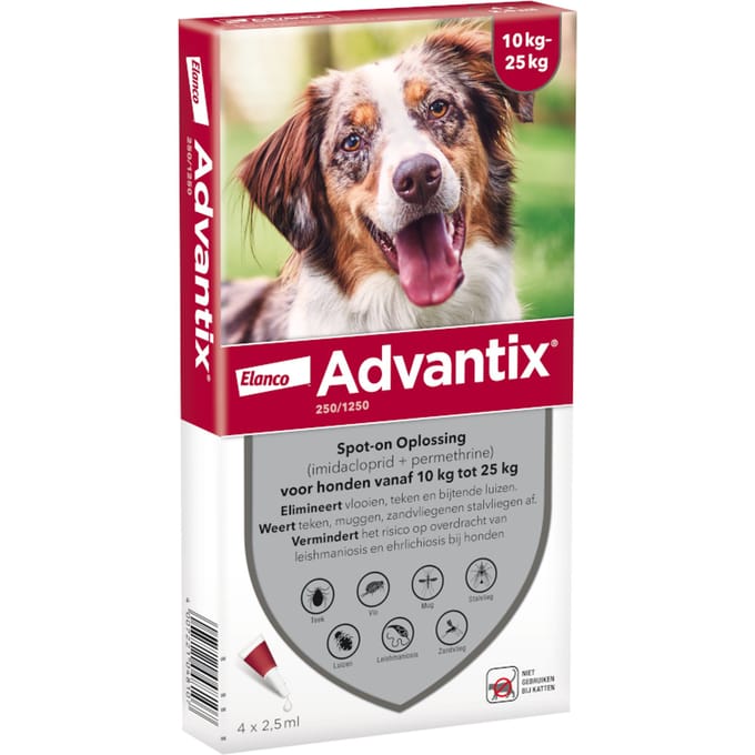 Advantix® 250/1250 Spot-On Solution voor Honden 10 - 25 kg - 4 Pipetten x 2,5 ml - BE