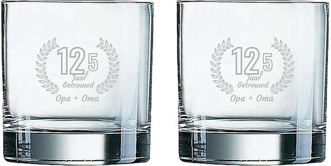 Gegraveerde set Whiskeyglazen 38cl Opa + Oma 12,5 jaar getrouwd