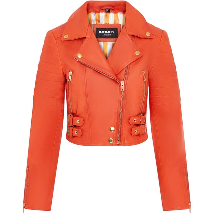 Dames Brando Cropped Oranje Leren Jas - Longtown
