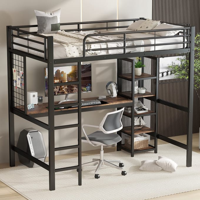 Sweiko Hoogslaper - 90x200 cm - met Bureau - Opbergplank - Ijzer + MDF - Zwart