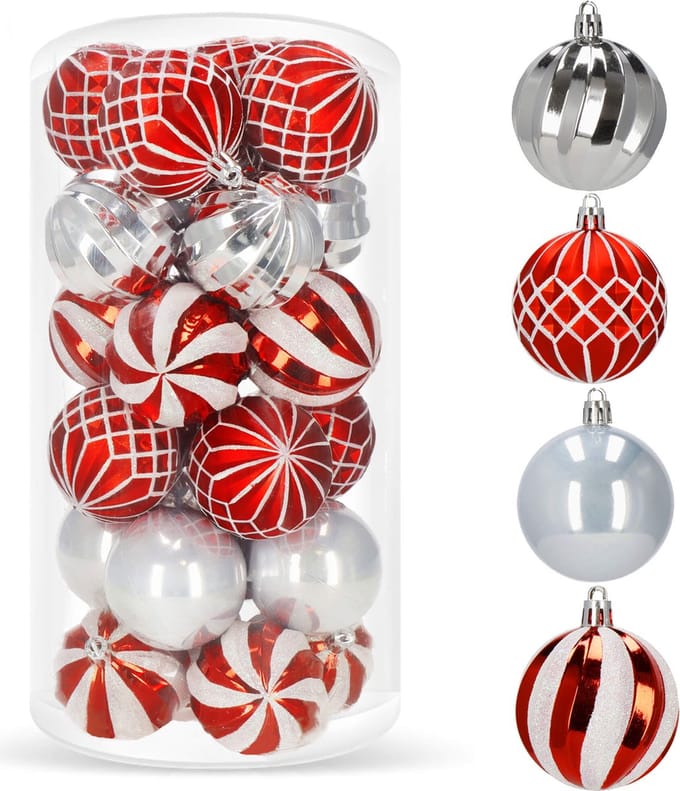 Springos Kerstballen | 24 Stuks | 6 cm | Zilver/Rood/Grijs