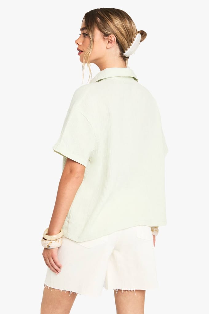 boohoo Dames Gerimpeld katoenen shirt met korte mouwen | Munt | Maat: 36