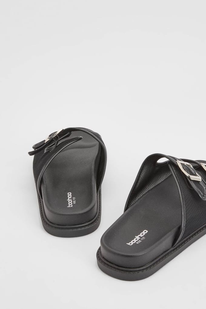 boohoo Dames Wijdpasvorm Mesh Dubbele Gesp Sandalen | Zwart | Maat: 37